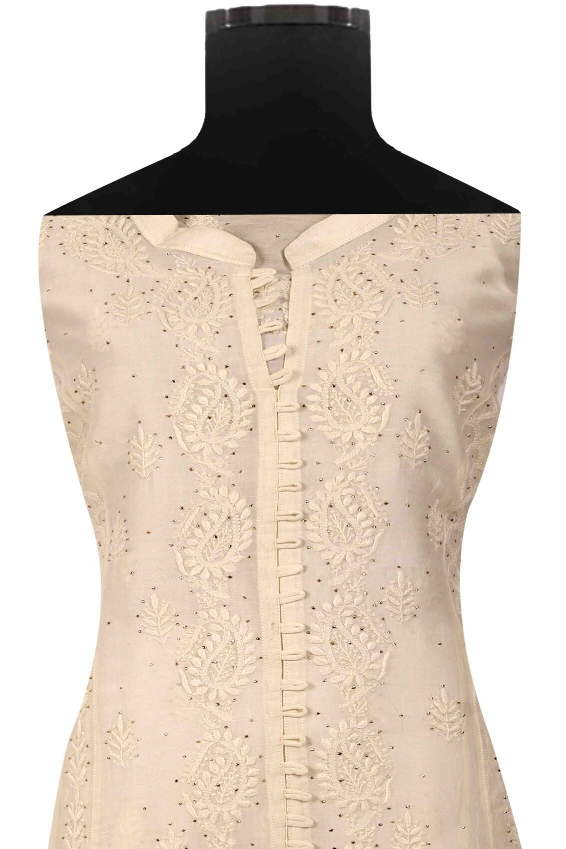 Ada Hand Embroidered White Chanderi Lucknowi Chikanakari Unstitched Kurta Piece With Muqaish Work A595344