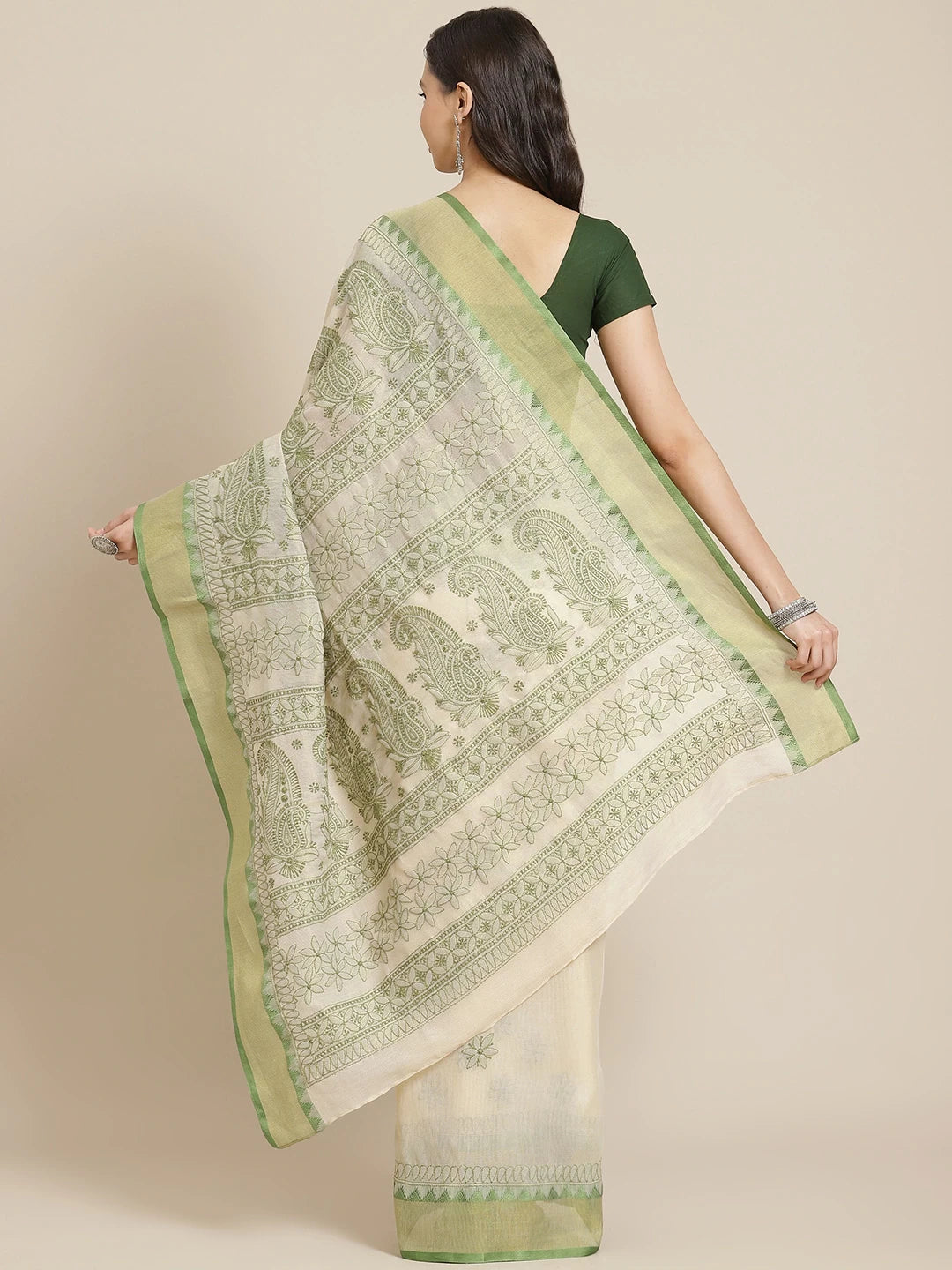 Ada Hand Embroidered Fawn Kota Lucknow Chikan Saree With Blouse-A311331