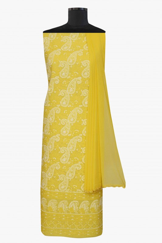 Ada Hand Embroidered Yellow Cotton Lucknowi Chikan Unstitched Suit Piece–A100246