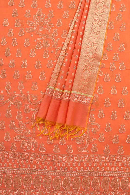 Ada Hand Embroidered Peach Chanderi Lucknowi Chikan Unstitched Kurta Dupatta Set A619028