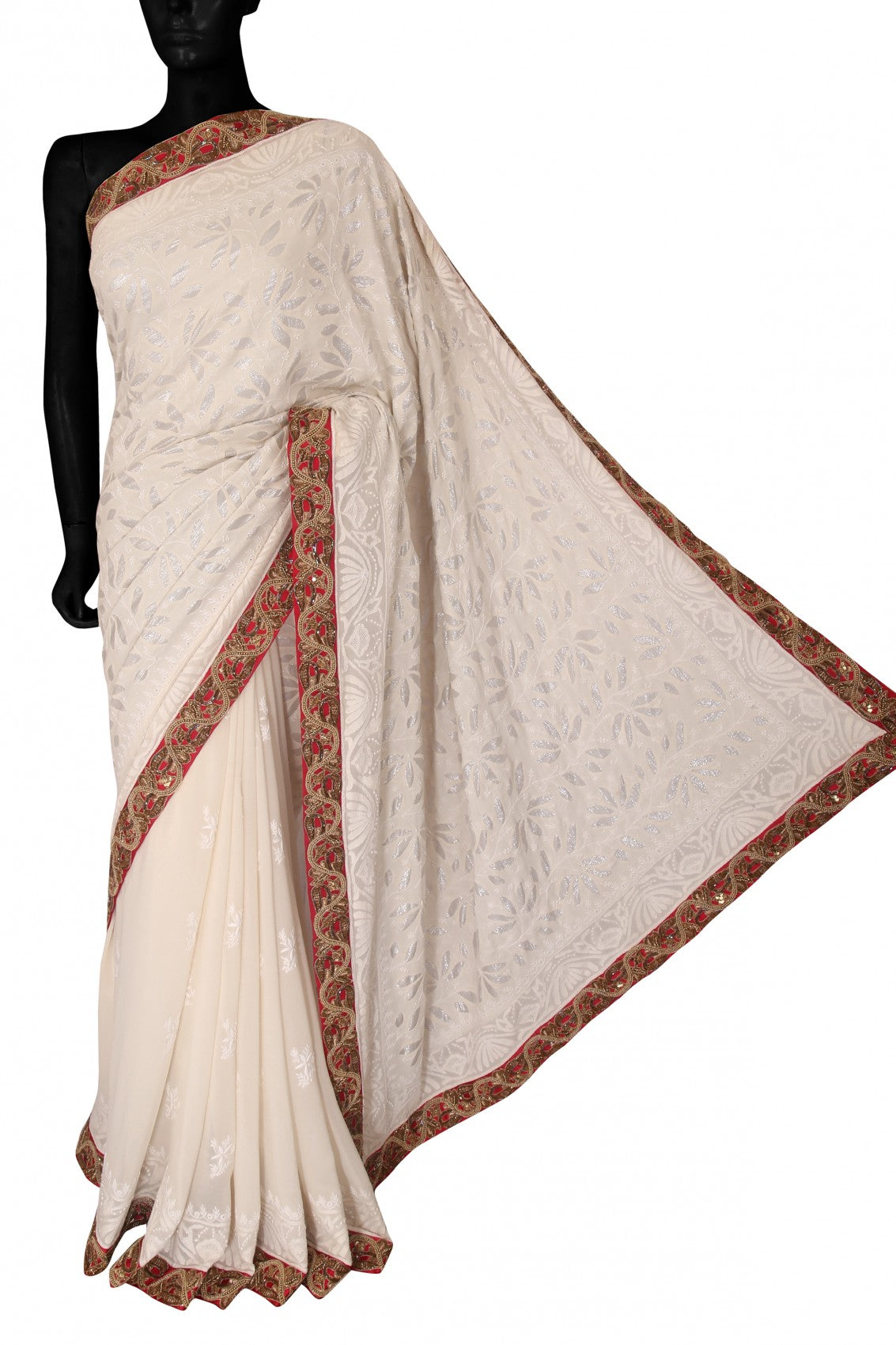 Ada Hand Embroidered Off White Pure Georgette Lucknow Chikankari Saree/Blouse With Zardozi Work A232145