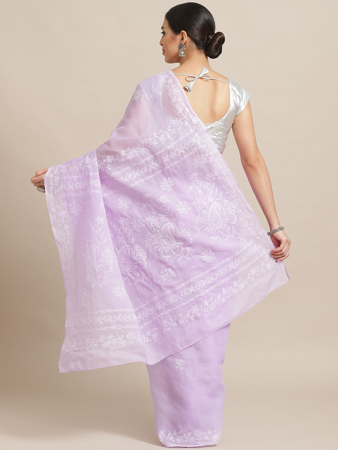 Ada Hand Embroidered Mauve Cotton Lucknow Chikan Saree with Blouse - A159239