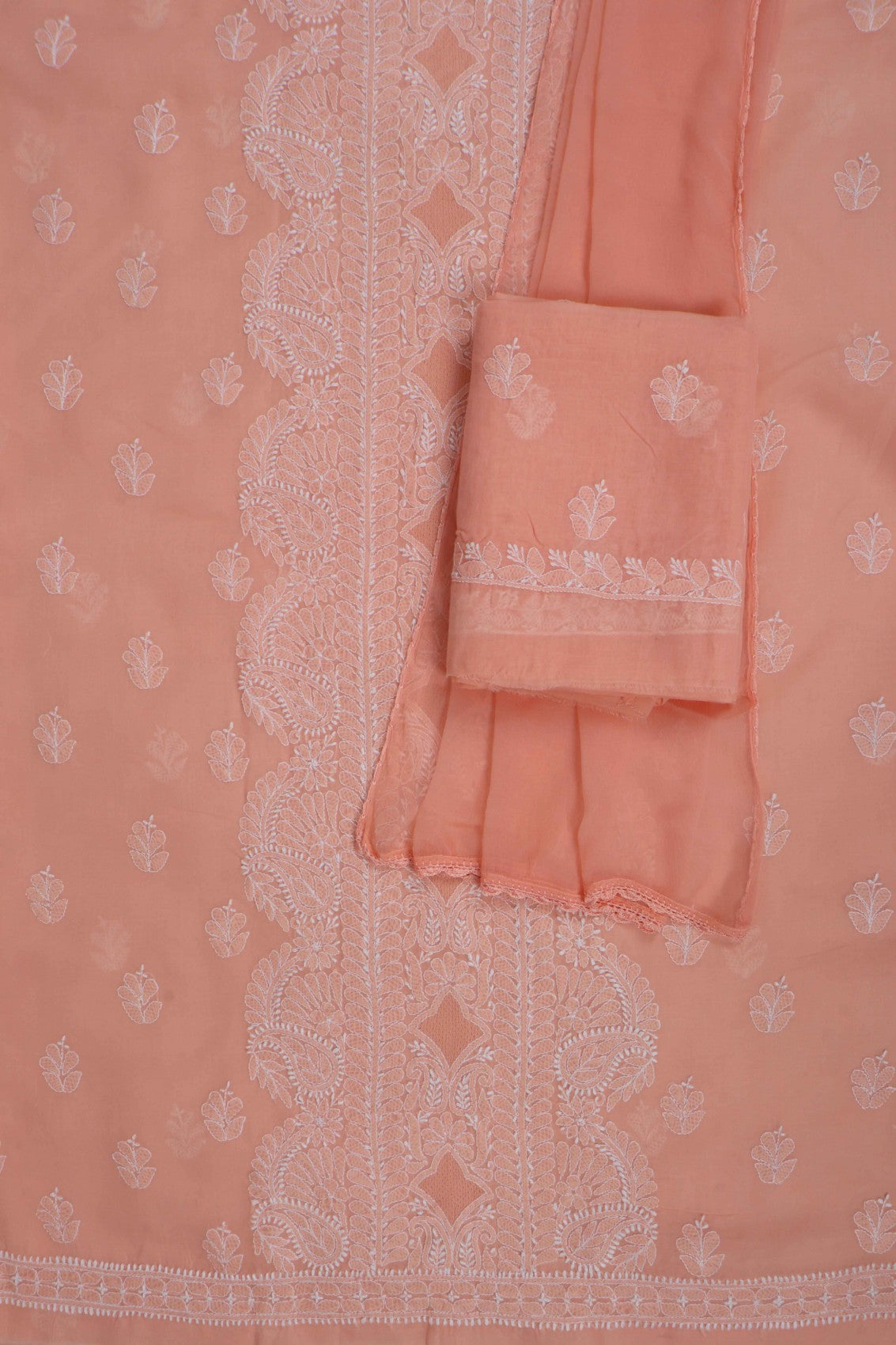 Ada Hand Embroidered Peach Cotton Lucknowi Chikankari Unstitched Suit Piece 01A272282