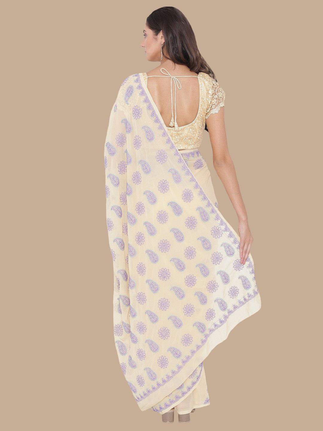 Ada Hand Embroidered Fawn Georgette Lucknowi Chikankari Saree with Blouse A513174