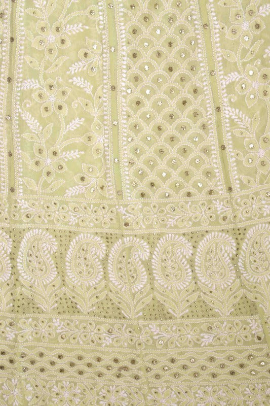 Ada Hand Embroidered Lemon Pure Georgette Lucknowi Chikan Semi-Stitched Anarkali Kurta Dupatta Set With Muqaish Work-A328561