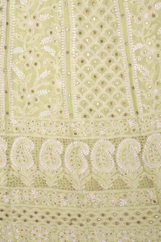Ada Hand Embroidered Lemon Pure Georgette Lucknowi Chikan Semi-Stitched Anarkali Kurta Dupatta Set With Muqaish Work-A328561
