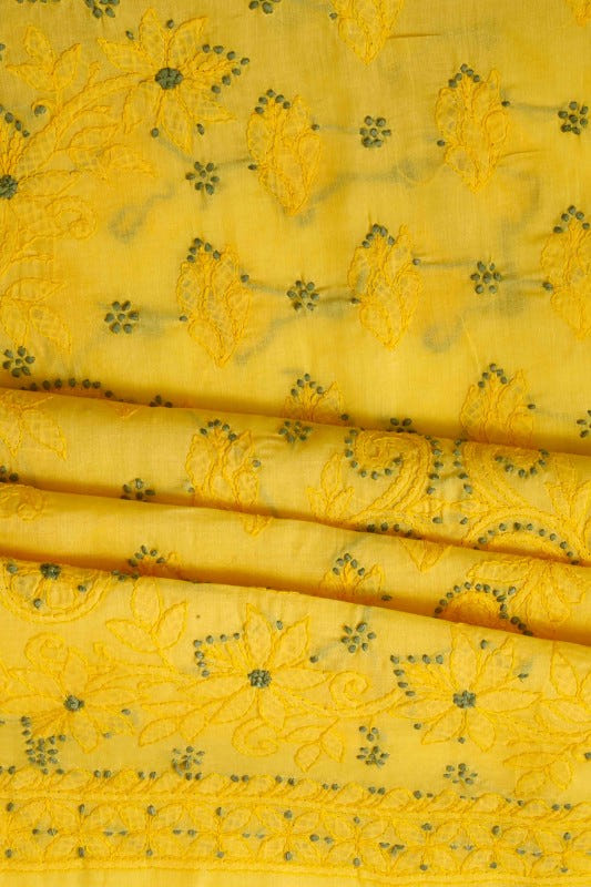 Ada Hand Embroidered Yellow Cotton Lucknowi Chikan Unstitched Suit Piece-A211119