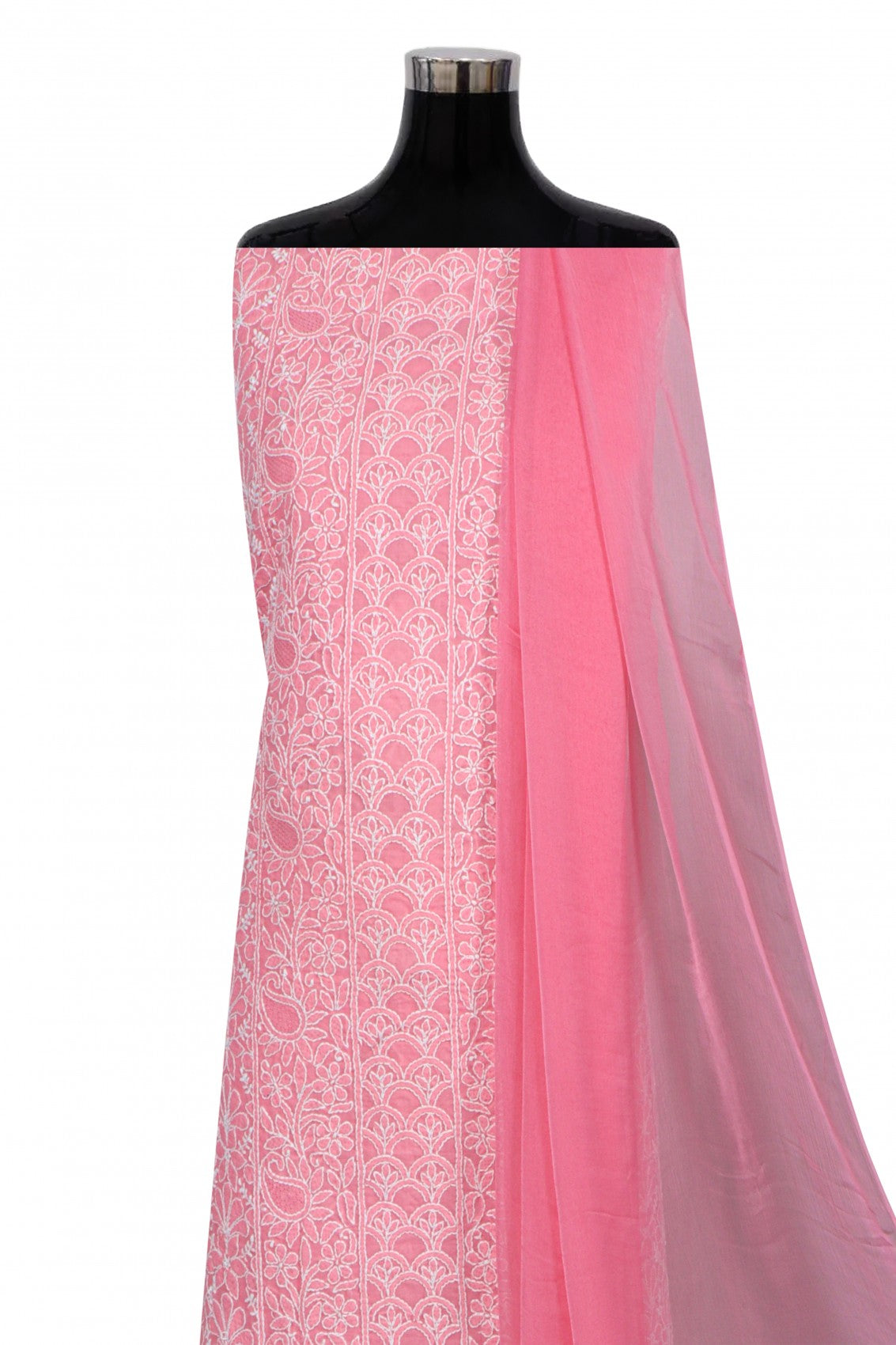 Ada Hand Embroidered Salmon Pink Cotton Lucknowi Chikankari Unstitched Suit Piece 01A279321