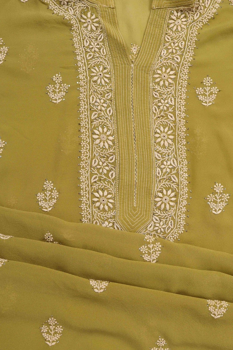 Ada Hand Embroidered Mehendi Green Pure Georgette Lucknowi Chikan Unstitched Kurta Dupatta Set A482884