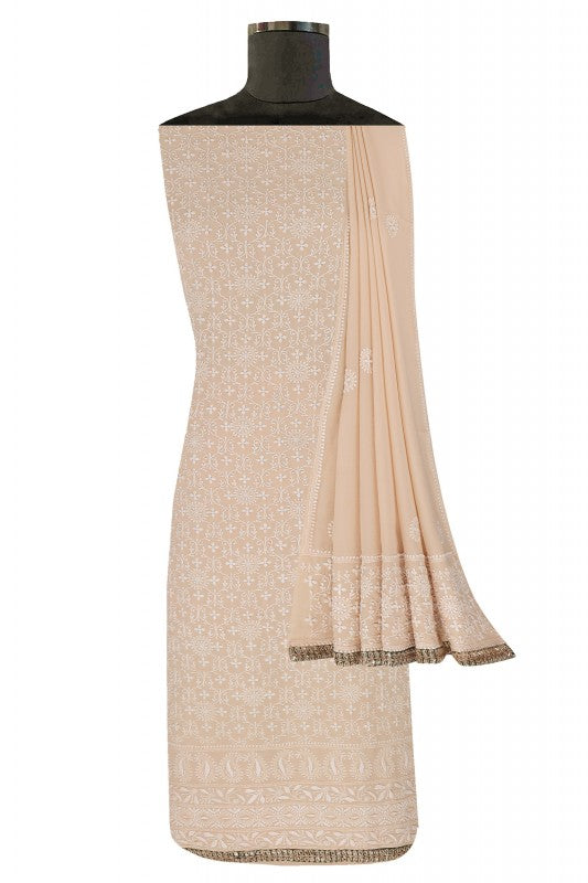 Ada Hand Embroidered Fawn Crepe Lucknowi Chikan Unstitched Kurta Dupatta Set- A56622