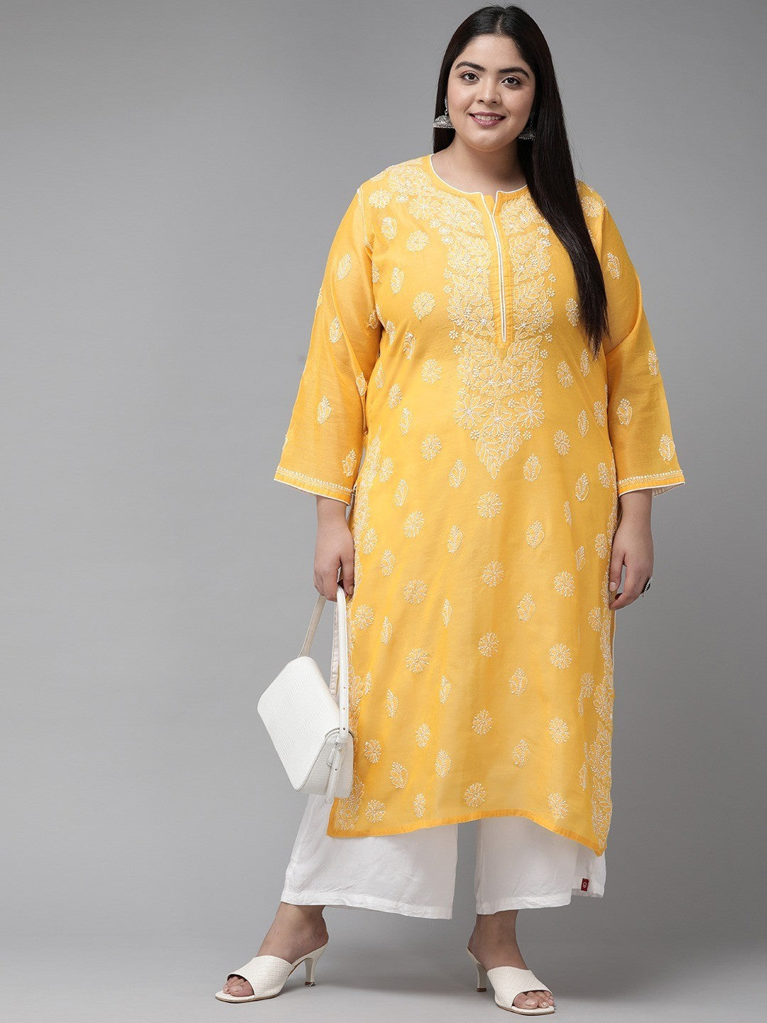 Ada Hand Embroidered Yellow Chanderi Lucknow Chikankari Straight Kurta A411175