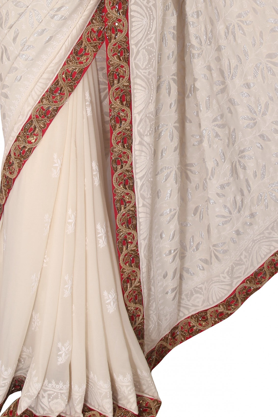 Ada Hand Embroidered Off White Pure Georgette Lucknow Chikankari Saree/Blouse With Zardozi Work A232145
