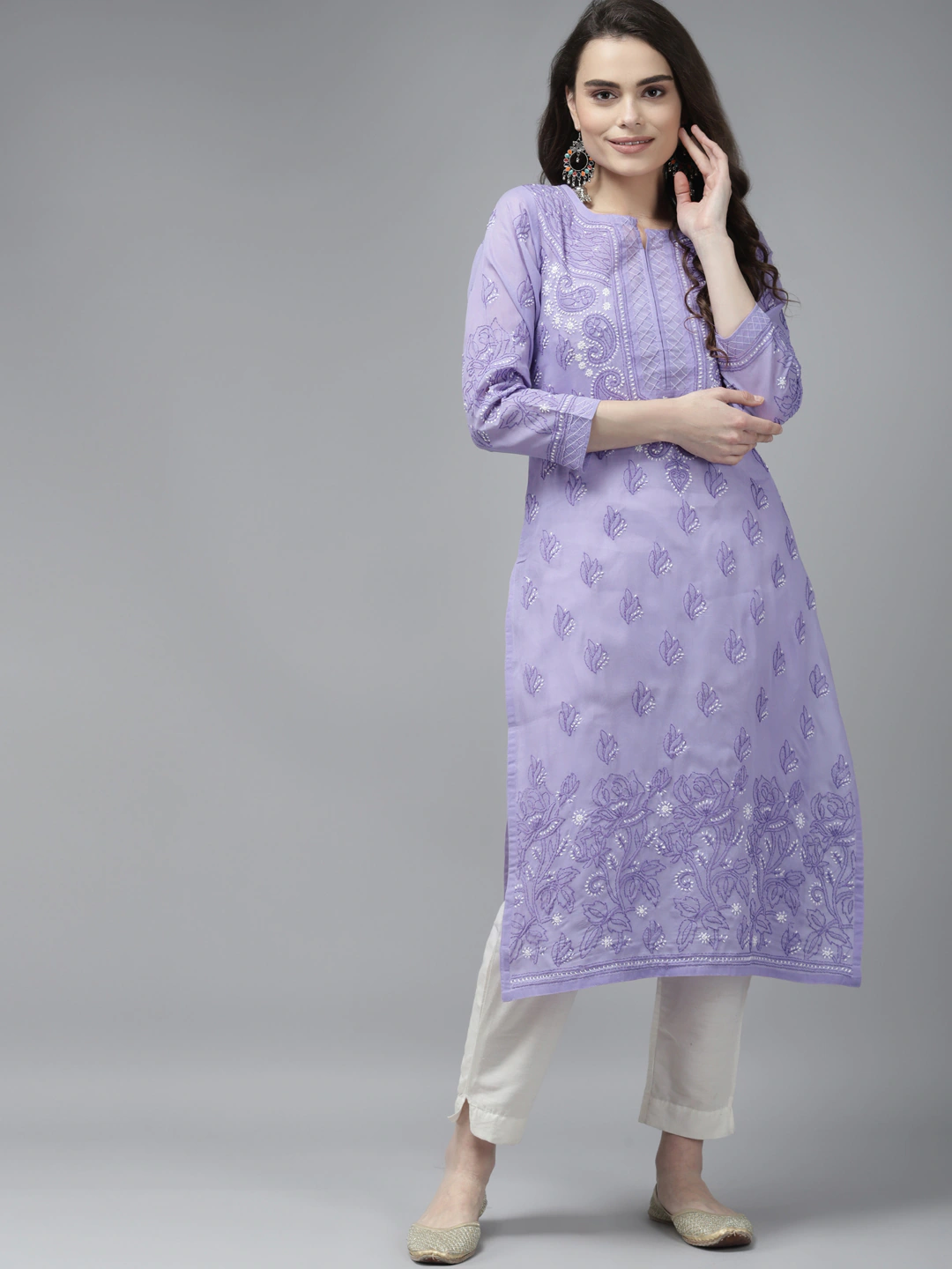 Ada Hand Embroidered Mauve Cotton Lucknowi Chikankari Straight Kurta A223893