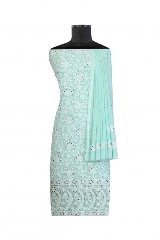 Ada Hand Embroidered Sea Green Pure Georgette Lucknowi Chikan Unstitched Kurta Dupatta With Muqaish Work–A594269
