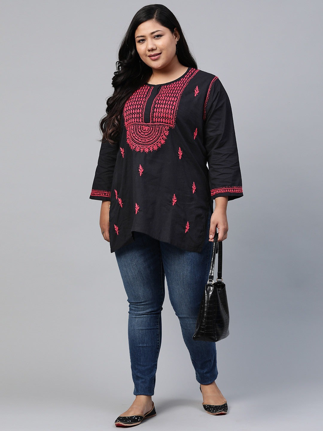 Ada Hand Embroidered Black Cotton Lucknowi Chikankari Straight Kurti A100387