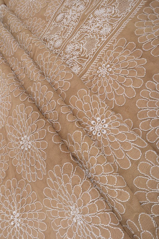 Ada Hand Embroidered Fawn Pure Georgette Lucknowi Chikan Unstitched Kurta Dupatta Set A489983