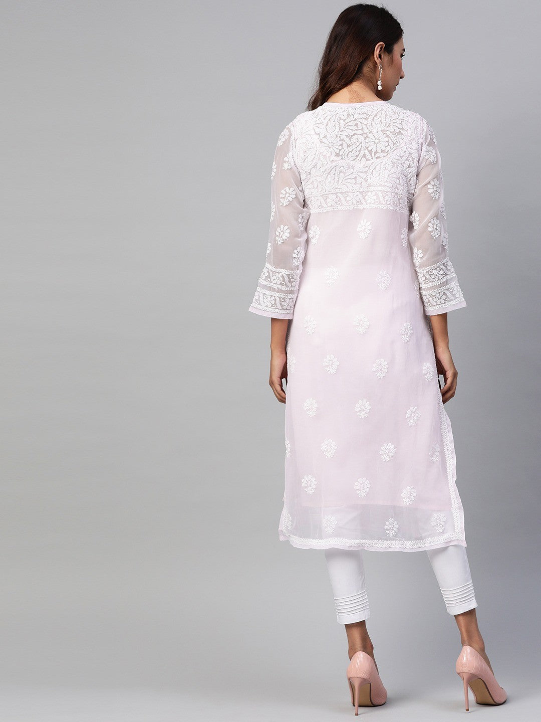 Ada Hand Embroidered Baby Pink Georgette Lucknowi Chikankari Kurta Set with Slip A811158