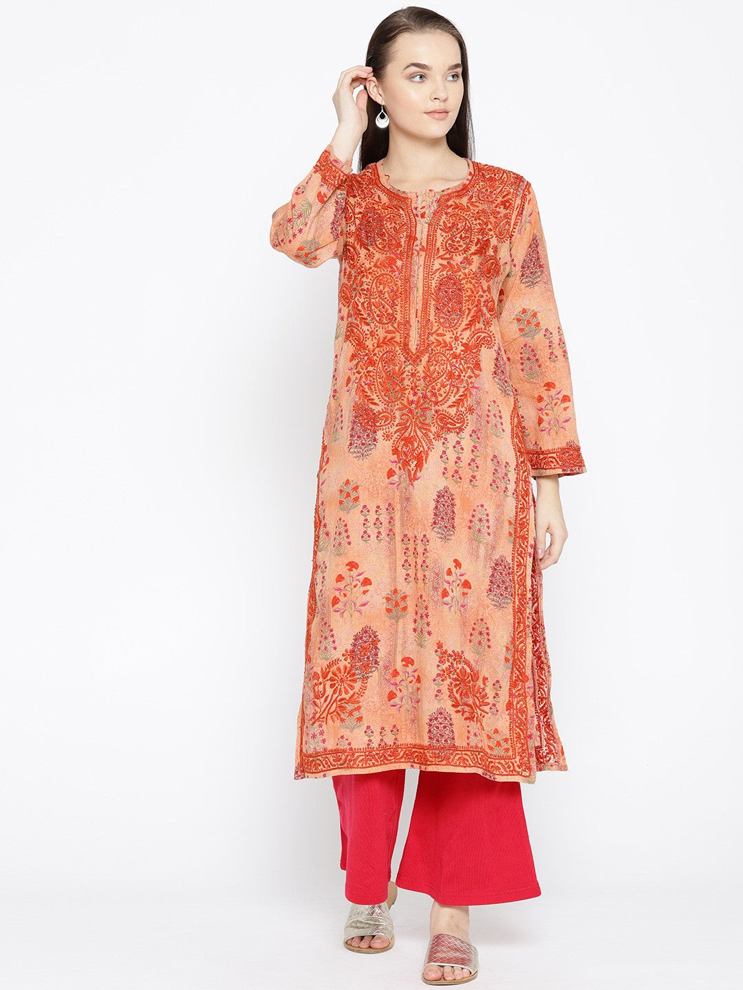 Ada Hand Embroidered Peach Printed Cotton Chikan Kurta- A100059