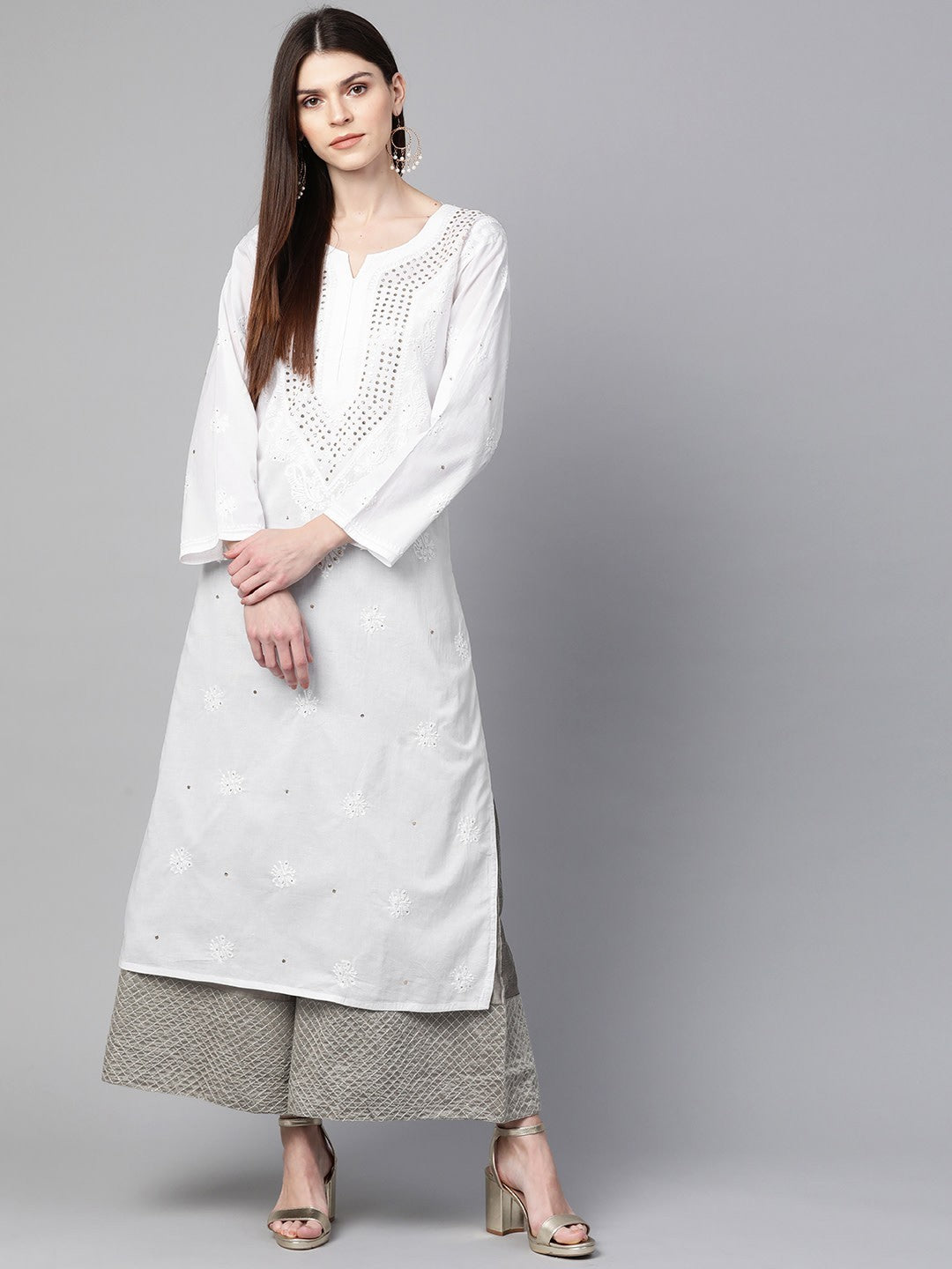 Ada Hand Embroidered White Cotton Lucknowi Chikankari Straight  Kurta With Muqaish Work A100421