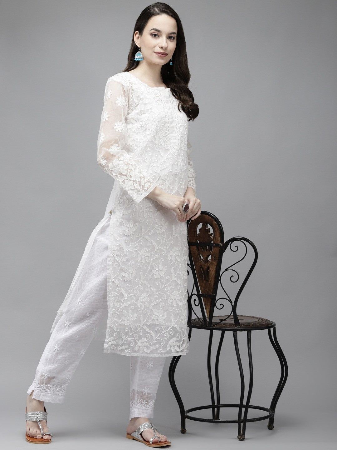 Ada Hand Embroidered White Organza Lucknowi Chikankari Straight Kurta With Slip A411302