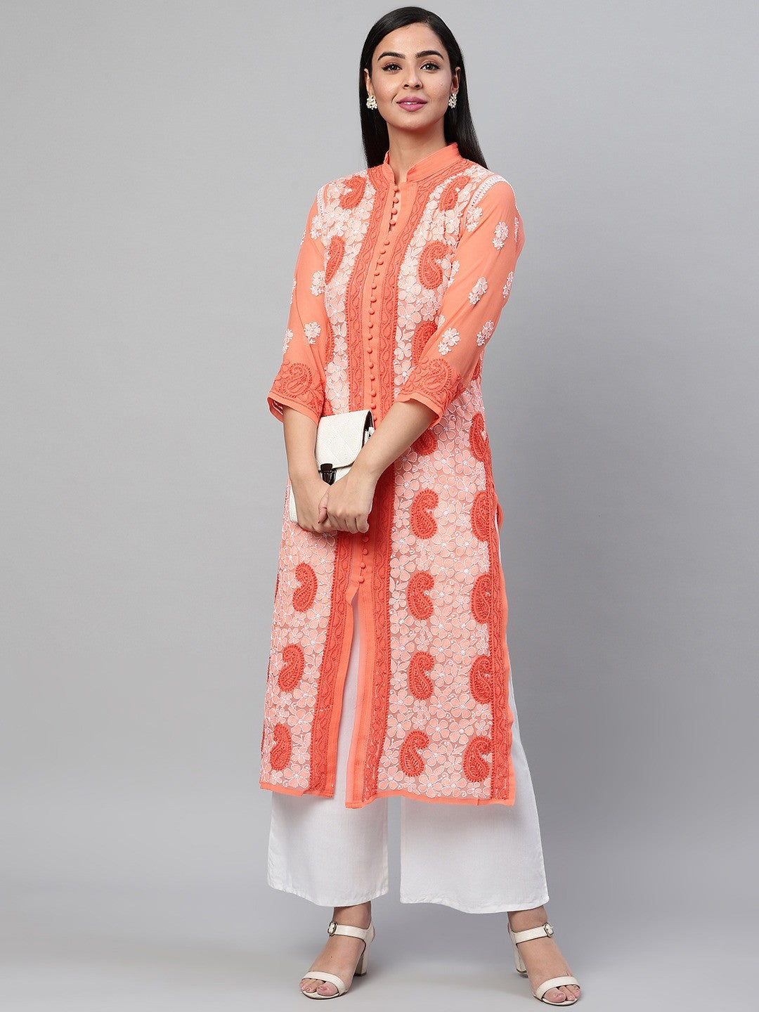 Ada Hand Embroidered Orange Georgette Lucknowi Chikankari Straight Kurta-A272355