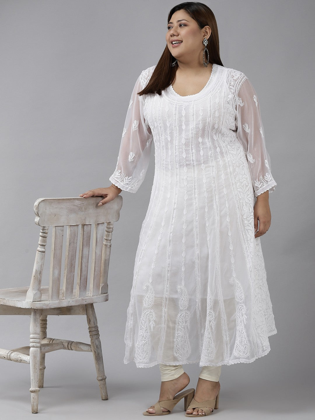 Ada Hand Embroidered White Georgette Lucknowi Chikankari Anarkali A-line Kurta A411205