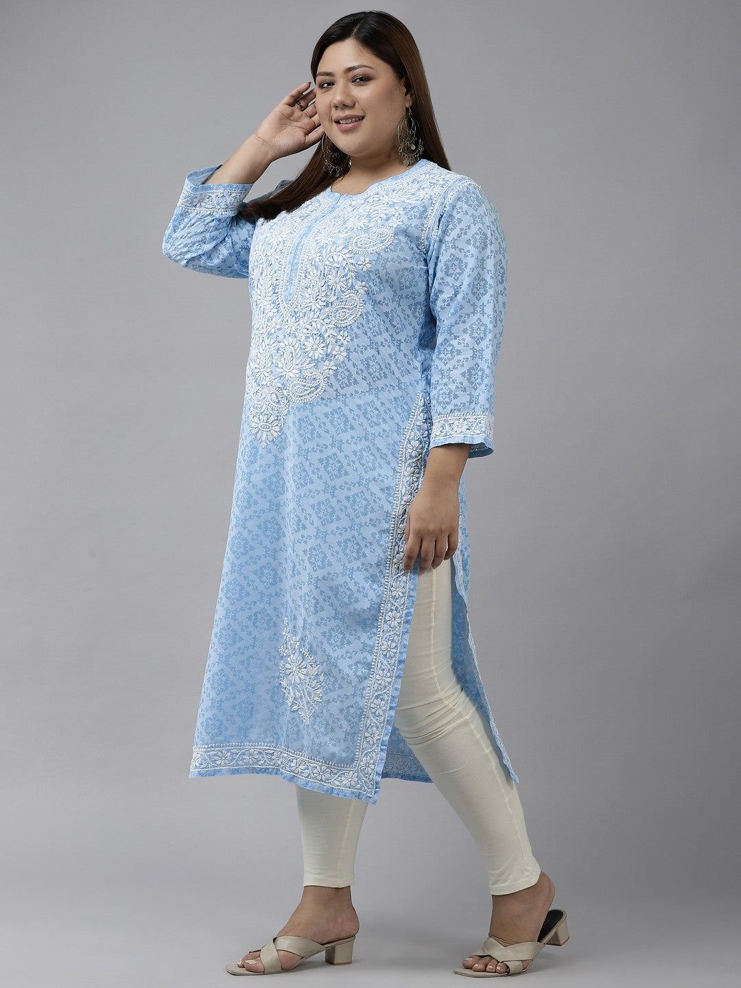 Ada Hand Embroidered Blue Cotton Lucknowi Chikankari Straight Kurta A100107