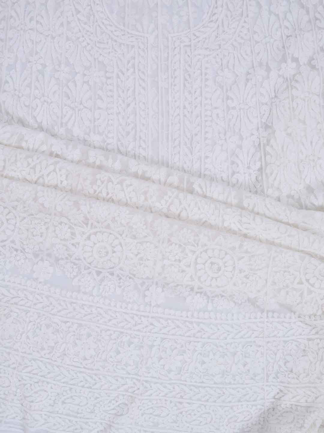 Ada Hand Embroidered White Net Lucknowi Chikankari Semi-stitched Anarkali Kurta Dupatta Set 01A167418