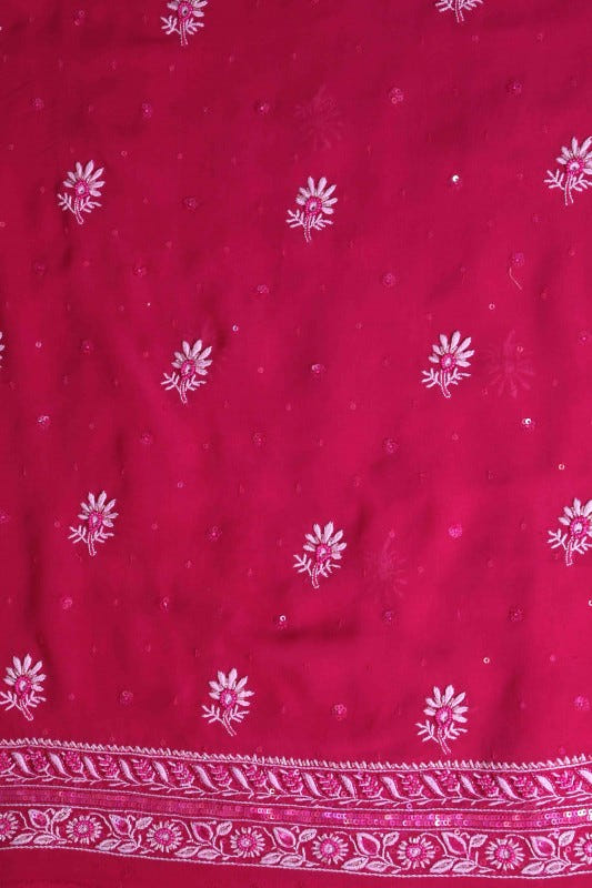 Ada Hand Embroidered Magenta Pure Georgette Lucknowi Chikan Unstitched Kurta Dupatta Set with Pearl Work A604158