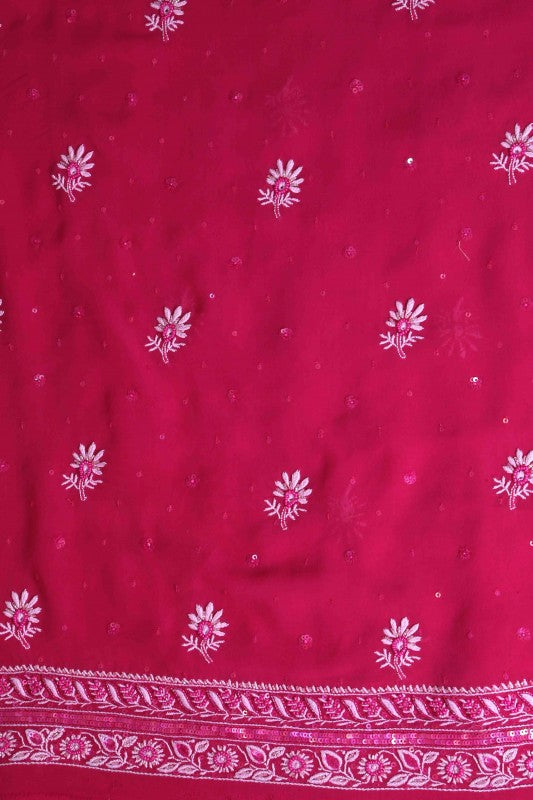 Ada Hand Embroidered Magenta Pure Georgette Lucknowi Chikan Unstitched Kurta Dupatta Set with Pearl Work A604158