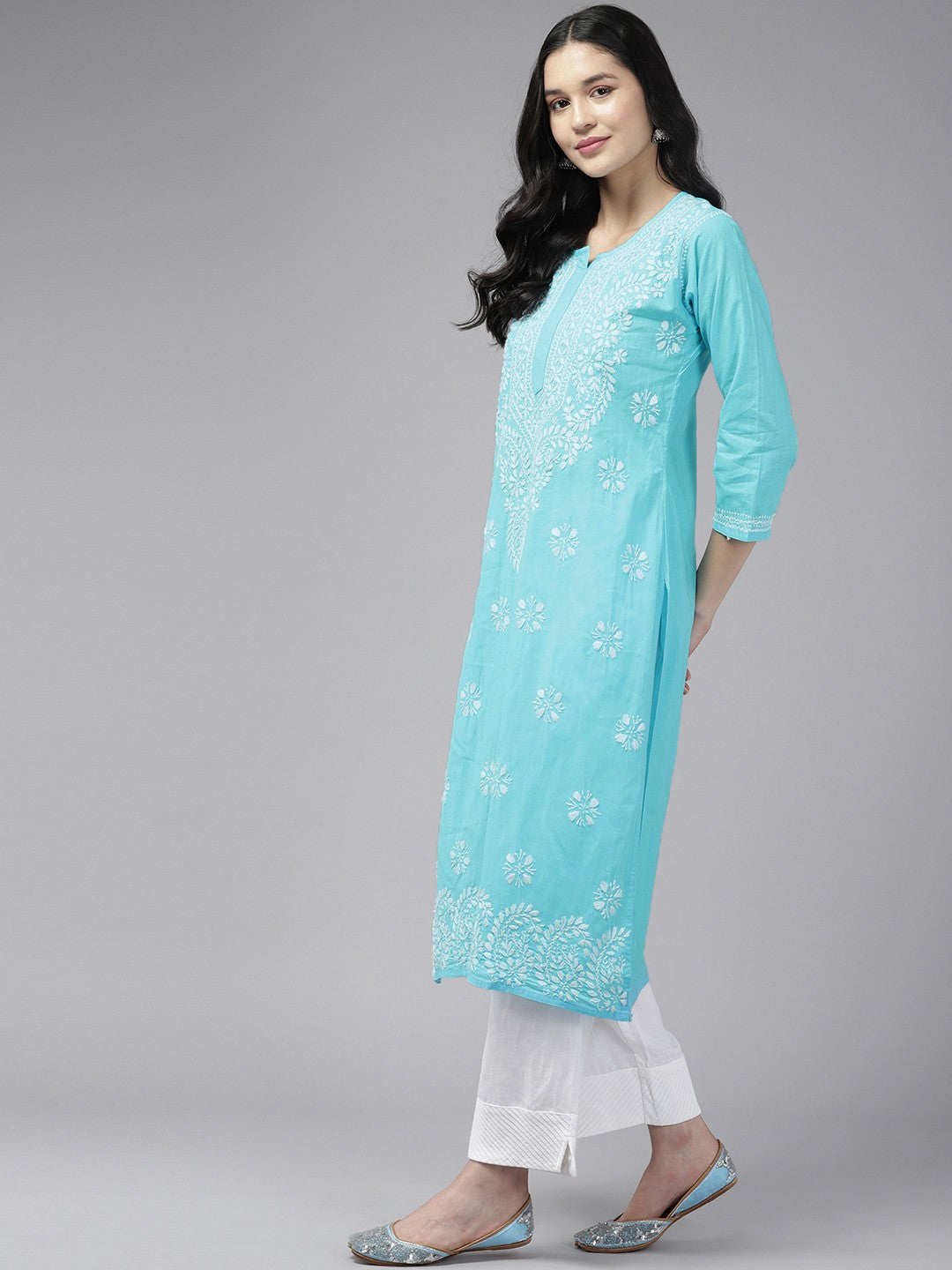 Ada Hand Embroidered Blue Cotton Lucknowi Chikankari Straight Kurta A411424