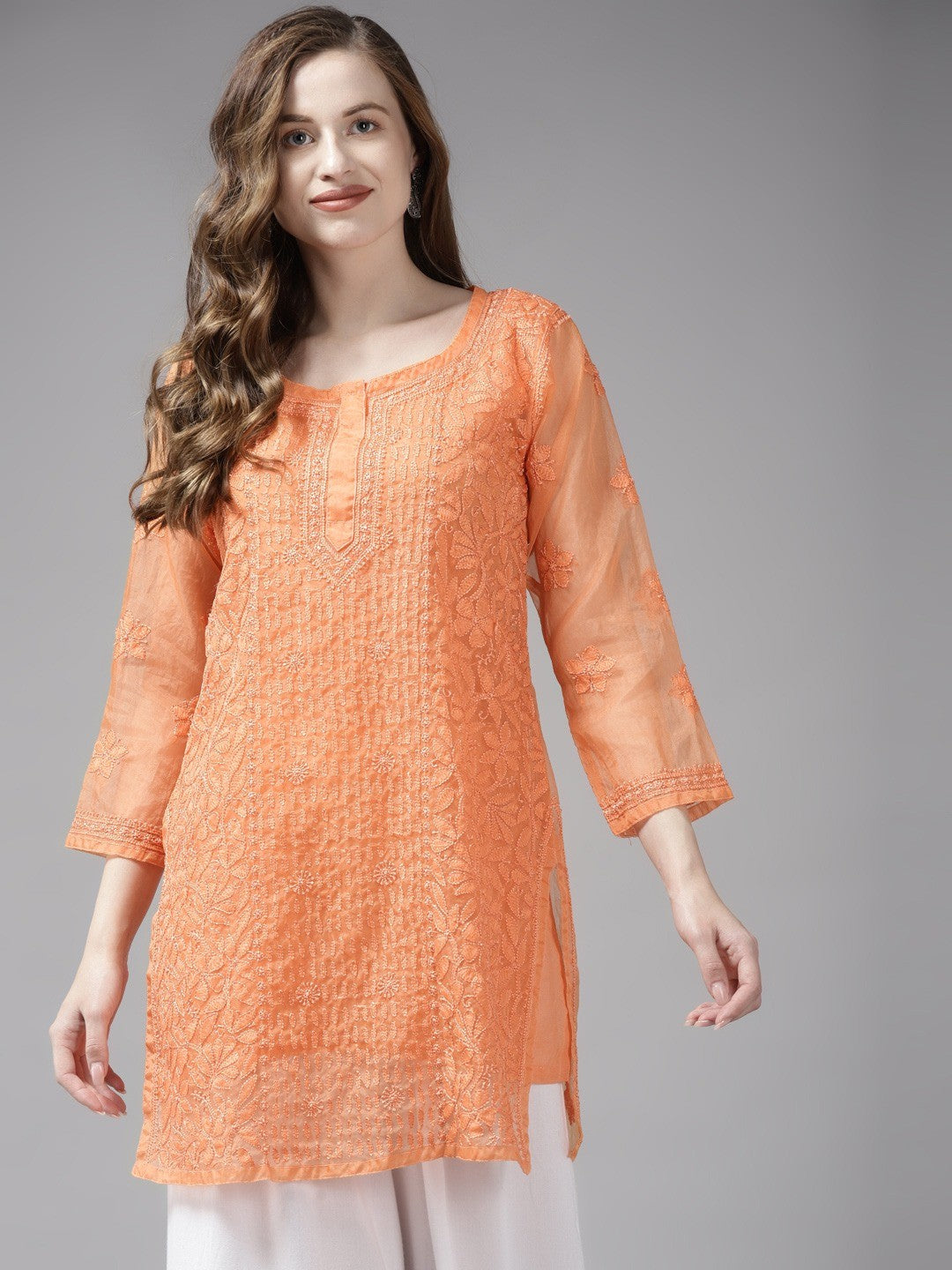 Ada Hand Embroidered Orange Organza Lucknowi Chikankari Kurti With Slip A911163