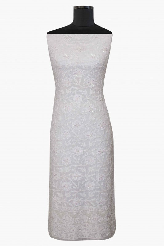 Ada Hand Embroidered White Georgette Lucknowi Chikan Unstitched Kurta Dupatta Set - A586221