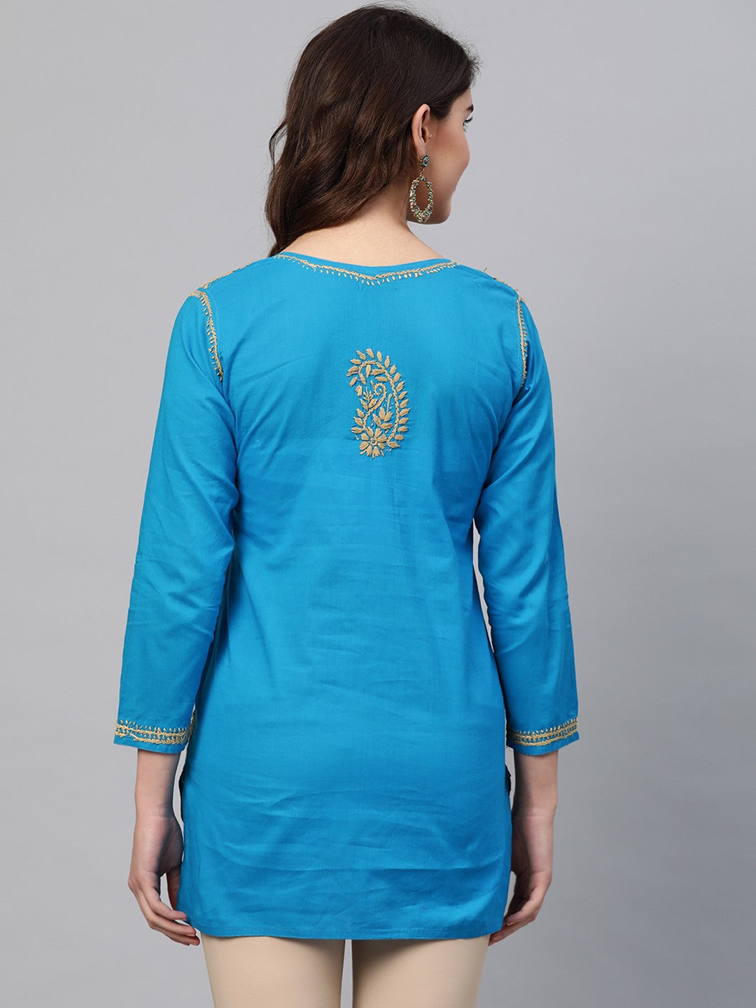 Ada Hand Embroidered Blue Cotton Lucknowi Chikankari Straight Kurti A250542