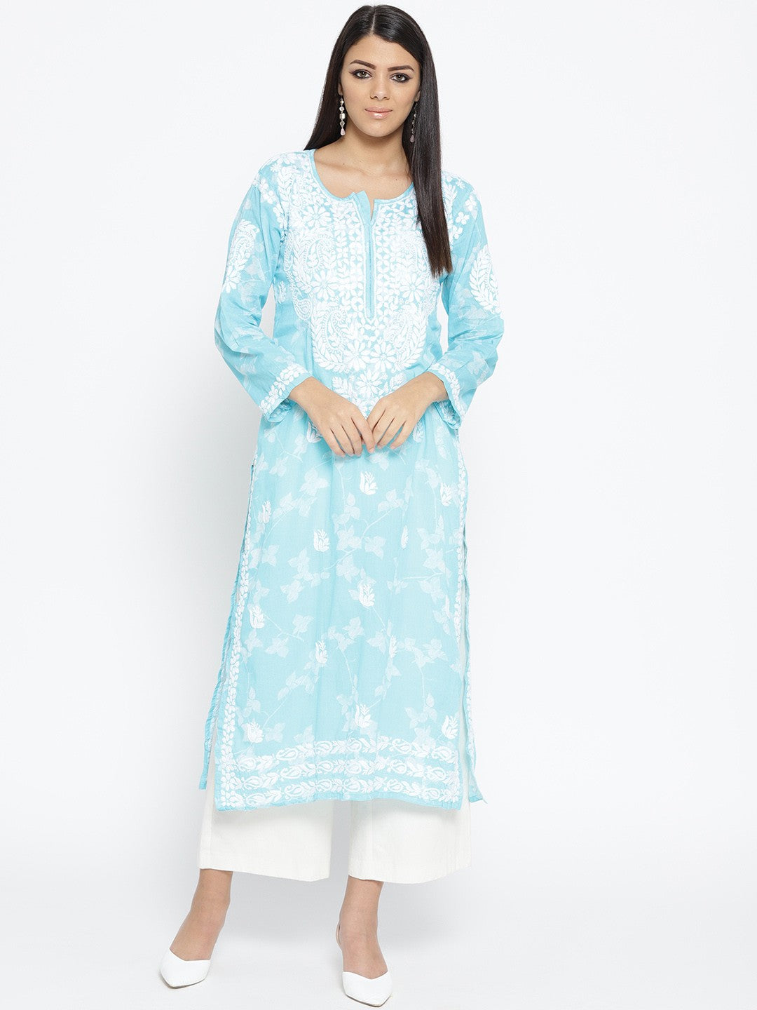 Ada Hand Embroidered Blue Cotton Lucknowi Chikankari Straight Kurta A100114