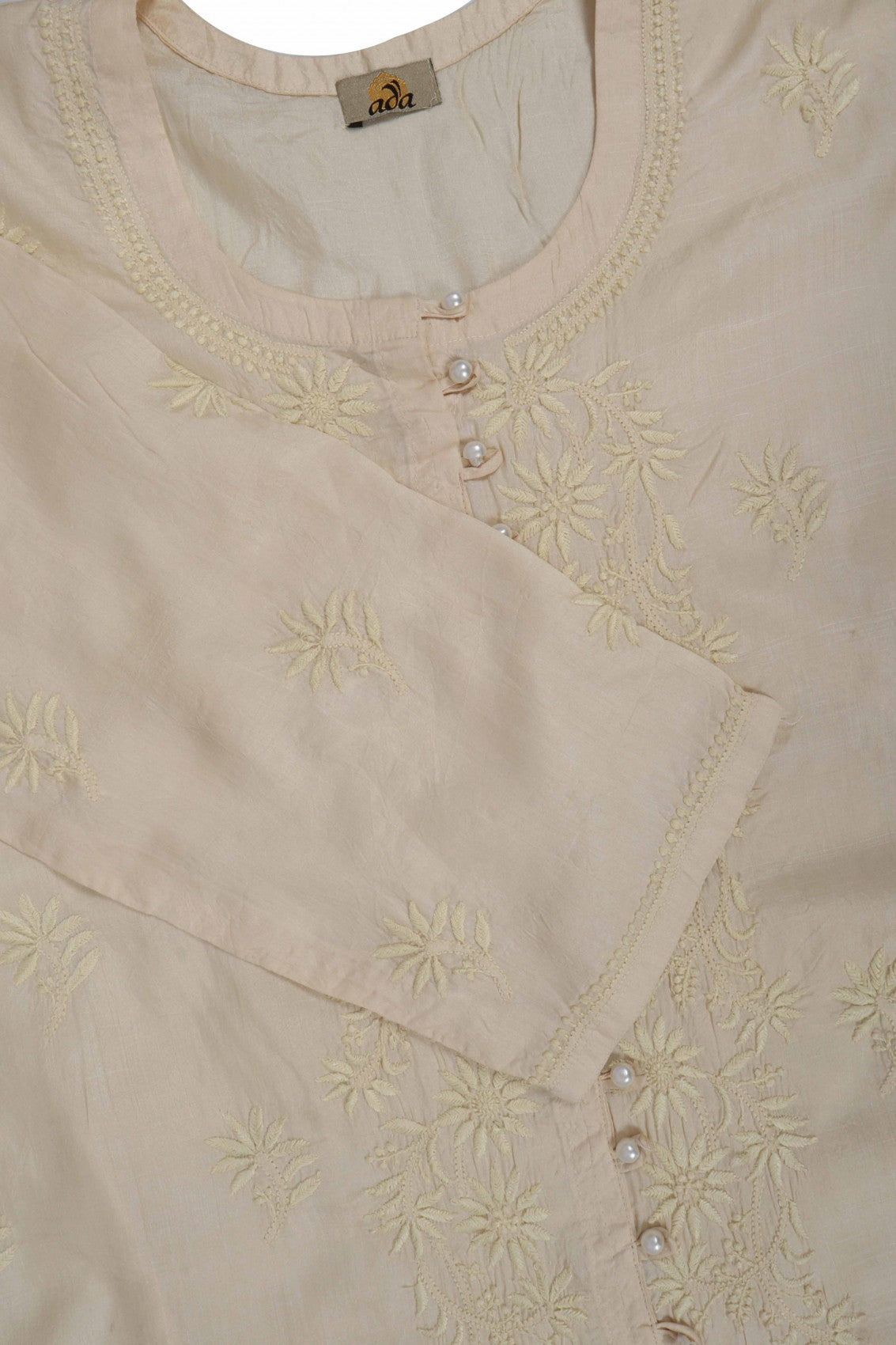 Ada Hand Embroidered Light fawn Silk Lucknow Chikankari Kurta Piece A555325