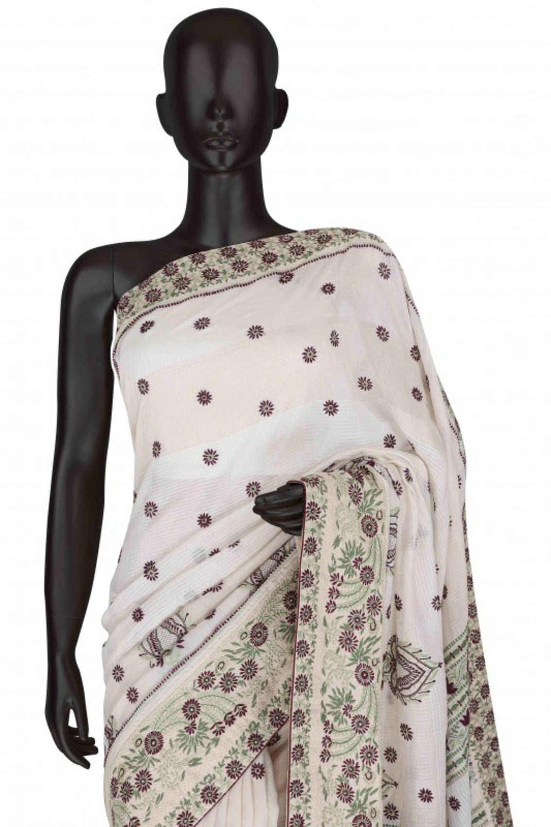 Ada Hand Embroidered Cream Chanderi Lucknowi Chikankari Saree With Blouse A91757