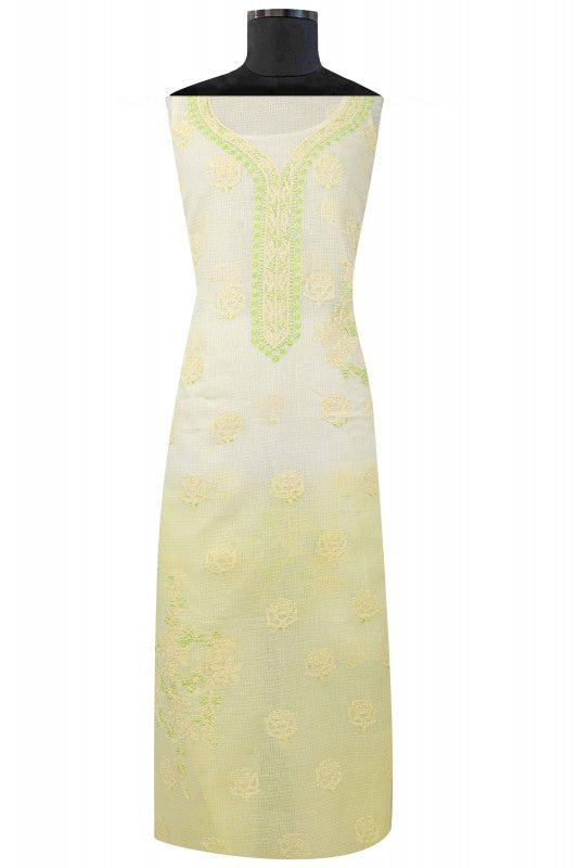 Ada Hand Embroidered Lemon Kota Lucknowi Chikan Unstitched Kurta Dupatta Set A596934