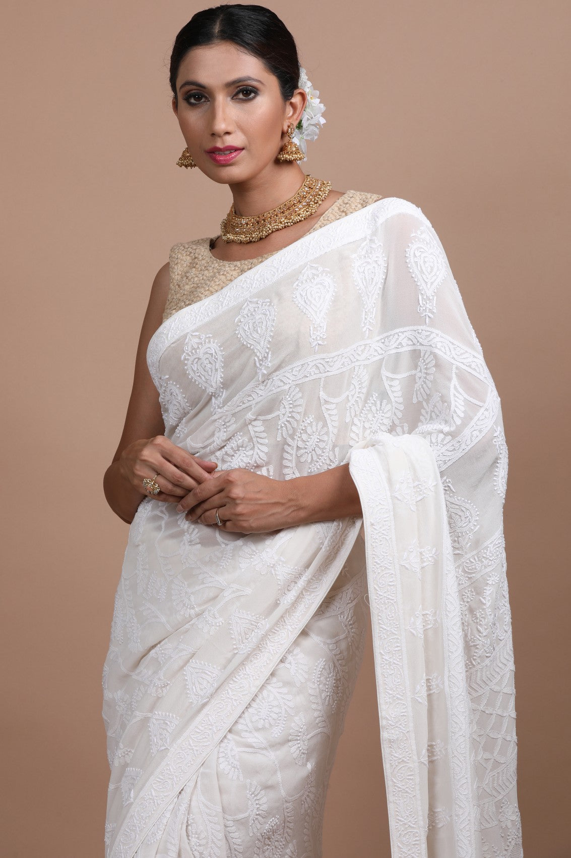 Ada Hand Embroidered Off White Pure Georgette Lucknowi Chikankari Saree With Blouse A536375