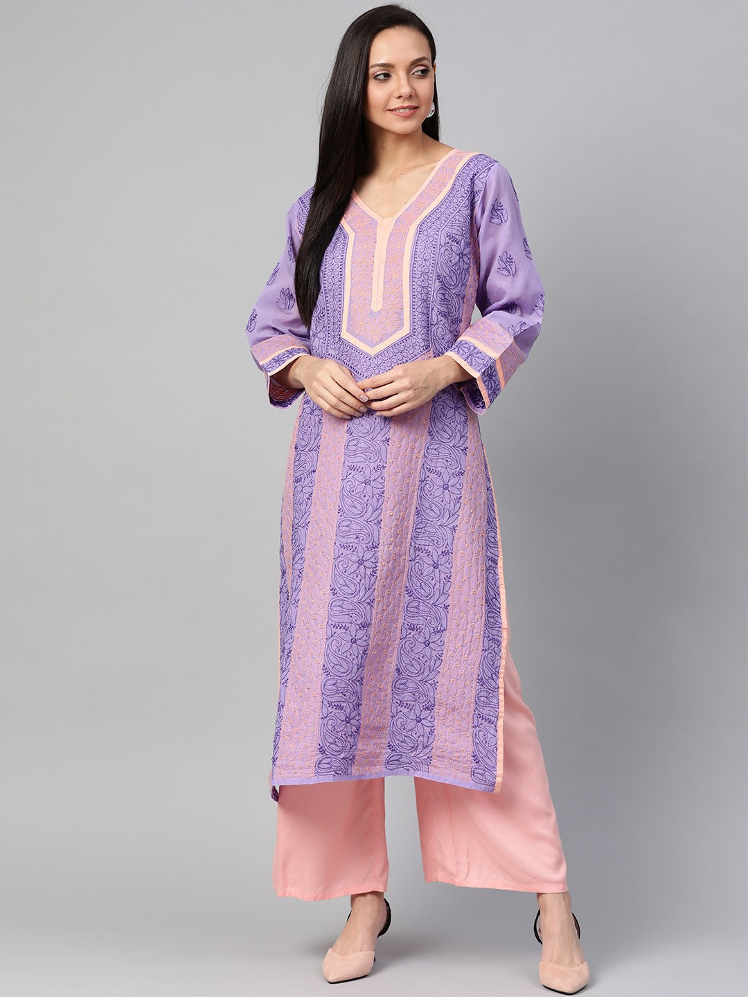 Ada Hand Embroidered Mauve Cotton Lucknow Chikan Straight Kurta- A273491