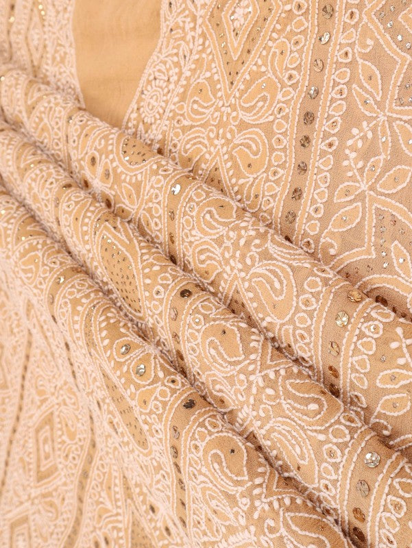 Ada Hand Embroidered Dark Fawn Pure Georgette Lucknowi Chikan Unstitched Kurta Dupatta Set with Muqaish Work A501817