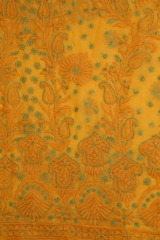 Ada Hand Embroidered Mustard Georgette Lucknowi Chikan Unstitched Suit Piece-A211181