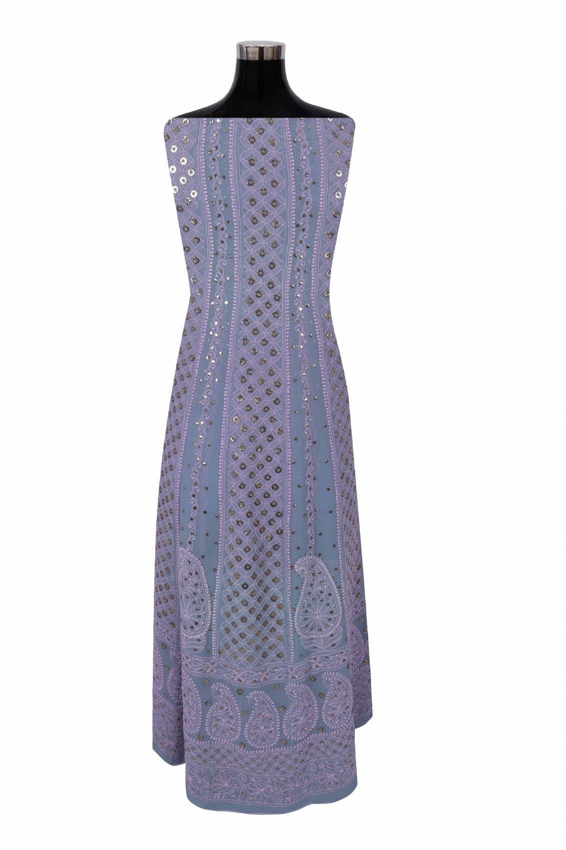 Ada Hand Embroidered Grey Georgette Lucknowi Chikankari Semi-Stitched Anarkali Kurta Dupatta Set With Muqaish Work A584097