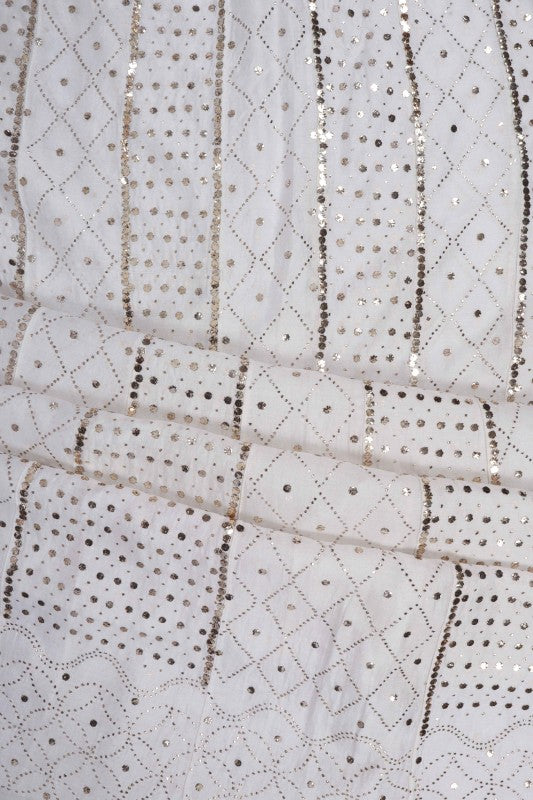Ada Hand Embroidered White Chanderi Lucknowi Chikankari Semi-Stitched Anarkali Kurta Dupatta Set With Muqaish Work 01A156455
