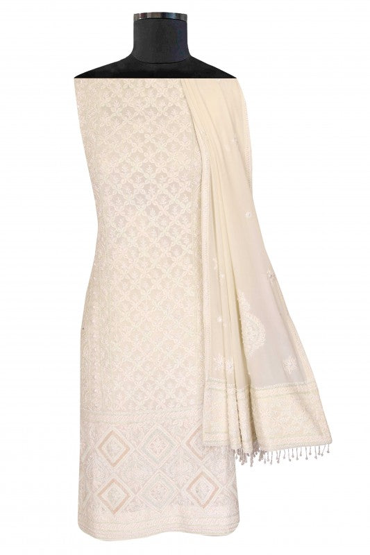 Ada Hand Embroidered White Pure Georgette Lucknowi Chikan Unstitched Kurta Dupatta Set With Pearl Work-A621919