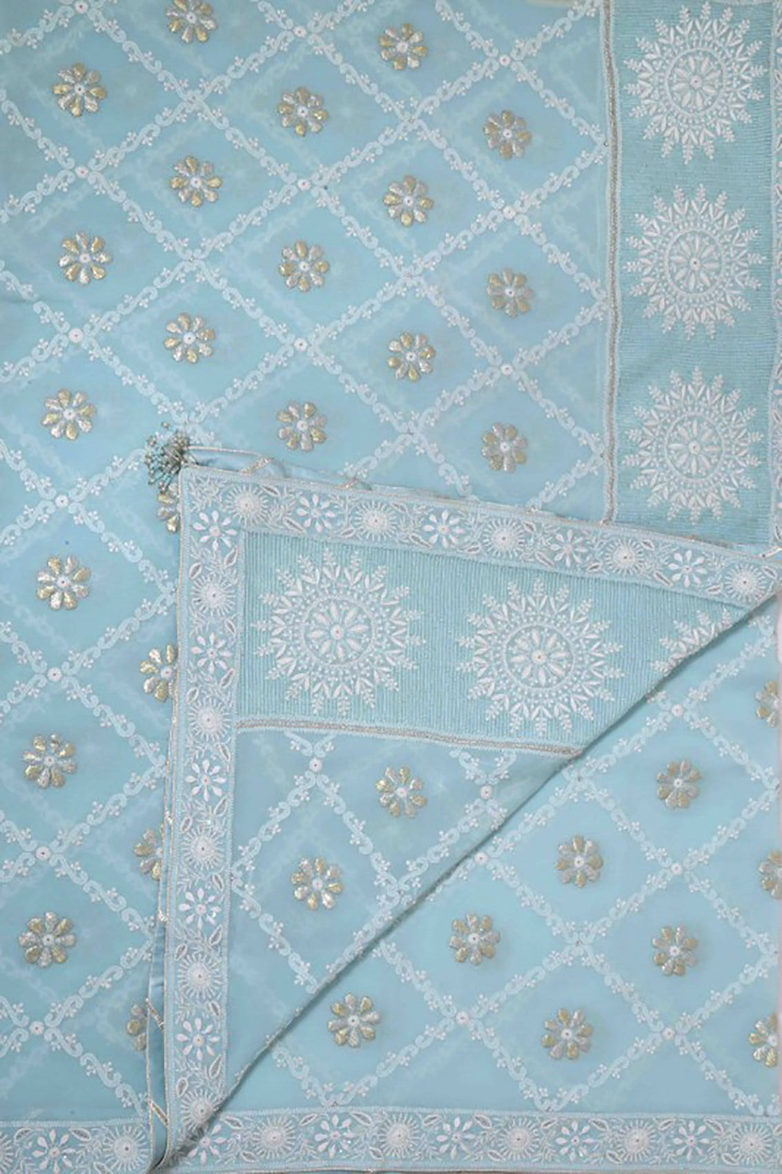 Ada Hand Embroidered Blue Chiffon Lucknowi Chikankari Dupatta With Gota Patti Work A600709