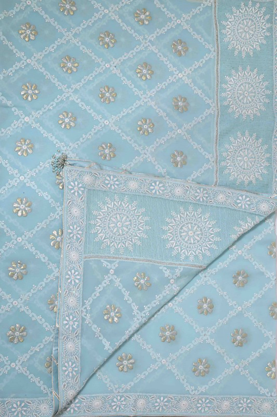 Ada Hand Embroidered Blue Chiffon Lucknowi Chikankari Dupatta With Gota Patti Work A600709