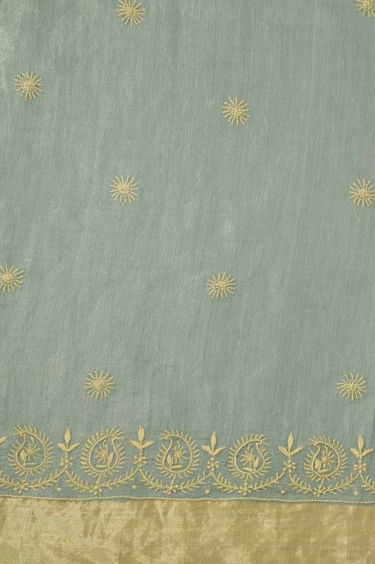 Ada Hand Embroidered Sage Green Tissue Lucknowi Chikankari Saree With Blouse-A606191