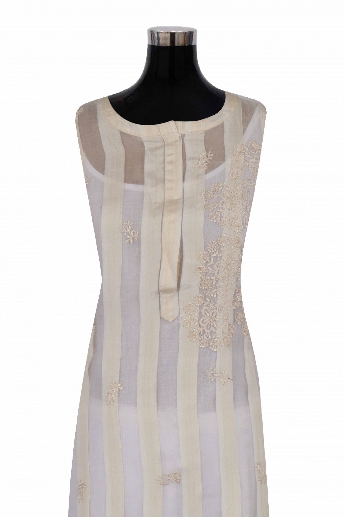 Ada Hand Embroidered Cream Silk Lucknowi Chikan Semi stitched Kurta Piece A623429