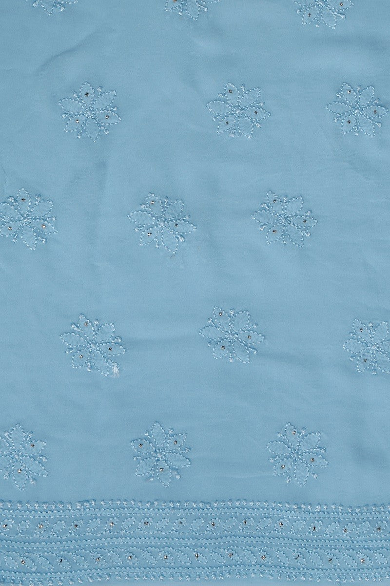 Ada Hand Embroidered Sky Blue Georgette Lucknowi Chikan Unstitched Kurta Dupatta with Muqaish Work A607173